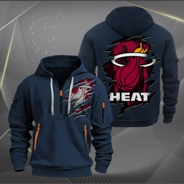 Street-Style Hoodie Half Zipper, Modern Sports Logo NBA561 - Navy - Image 2