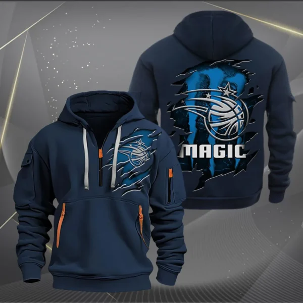 Casual Sports Hoodie Half Zipper, Modern Logo Detail Printing NBA561 - Navy - Image 2
