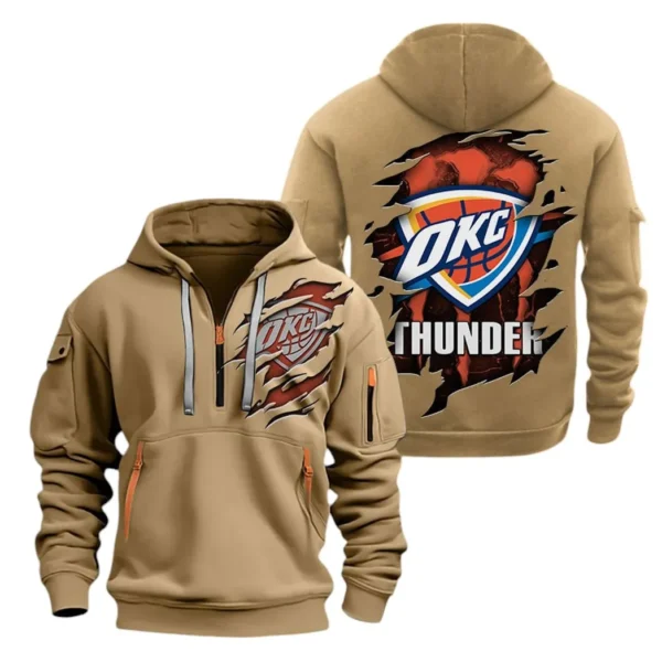 Street-Style Hoodie Half Zipper, Modern Sports Logo NBA561 - Khaki