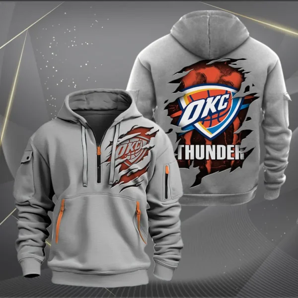 Lightweight Sports Hoodie Half Zipper, Unique Logo Print NBA561 - Grey - Image 2