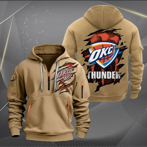 Street-Style Hoodie Half Zipper, Modern Sports Logo NBA561 - Khaki - Image 2