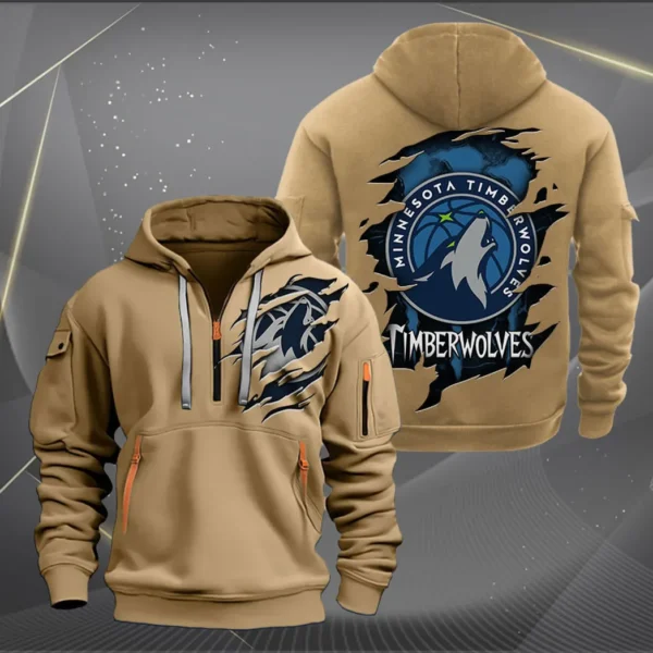 Outdoor Half-Zip Hoodie, Team Spirit Logo Design NBA561 - Khaki - Image 2