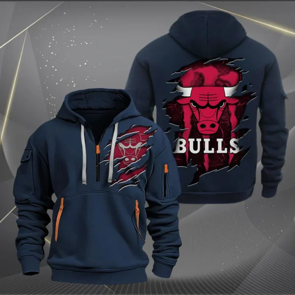 Casual Sports Hoodie Half Zipper, Modern Logo Detail Printing NBA561 - Navy - Image 2