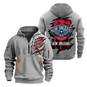 Lightweight Sports Hoodie Half Zipper, Unique Logo Print NBA561 - Grey