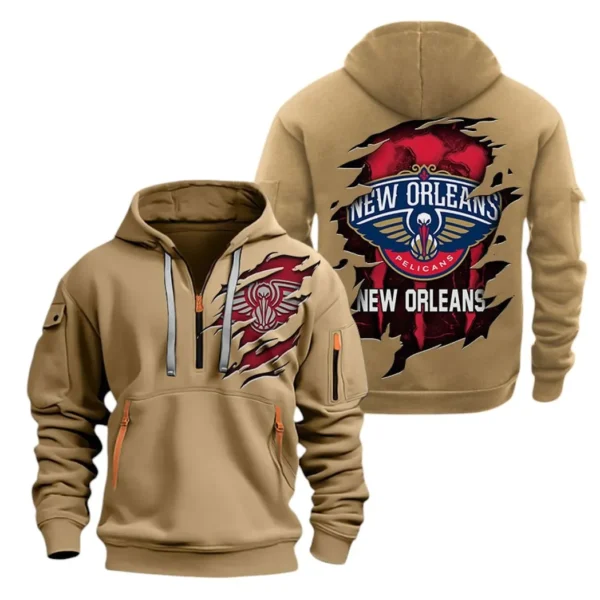Street-Style Hoodie Half Zipper, Modern Sports Logo NBA561 - Khaki