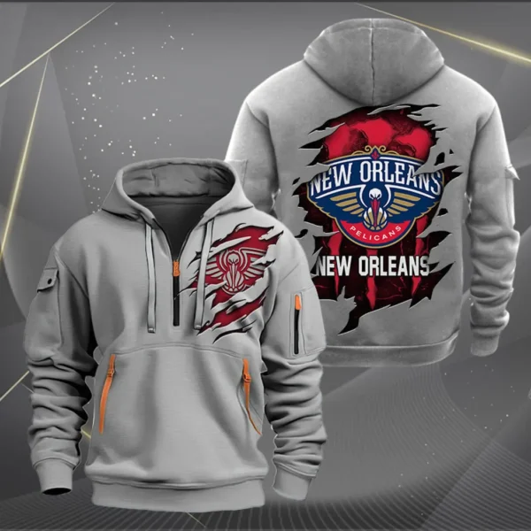 Lightweight Sports Hoodie Half Zipper, Unique Logo Print NBA561 - Grey - Image 2