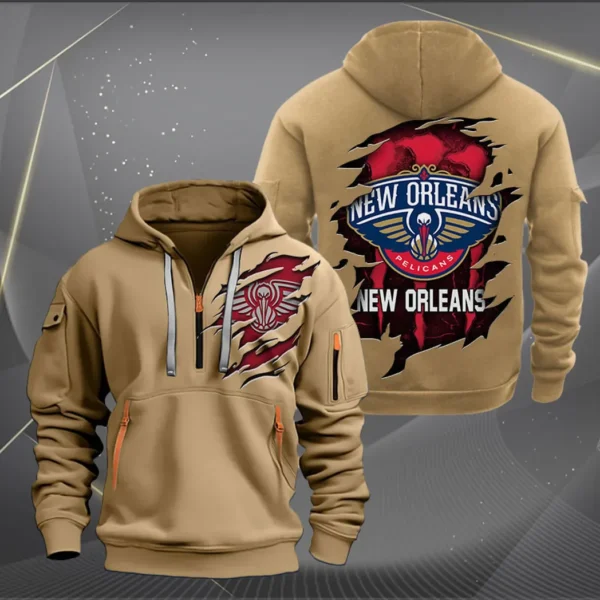 Street-Style Hoodie Half Zipper, Modern Sports Logo NBA561 - Khaki - Image 2
