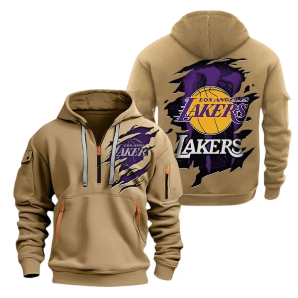 Casual Sports Hoodie Half Zipper, Modern Logo Detail Printing NBA561 - Khaki