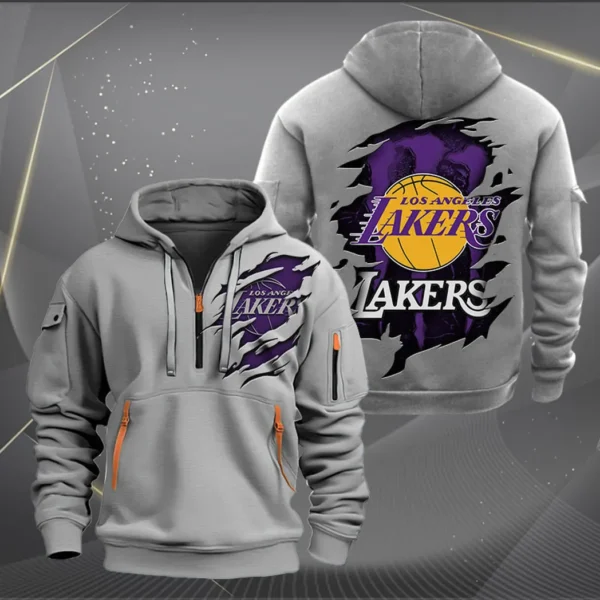 Athletic Half-Zip Hoodie, Team-Style Logo Print Hoodie Gift For Football Fans NBA561 - Grey - Image 2