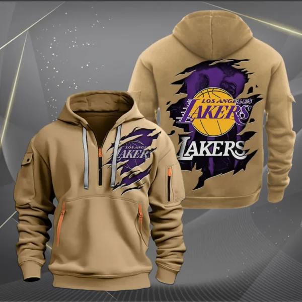 Casual Sports Hoodie Half Zipper, Modern Logo Detail Printing NBA561 - Khaki - Image 2