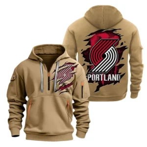 Street-Style Hoodie Half Zipper, Modern Sports Logo NBA561 - Khaki