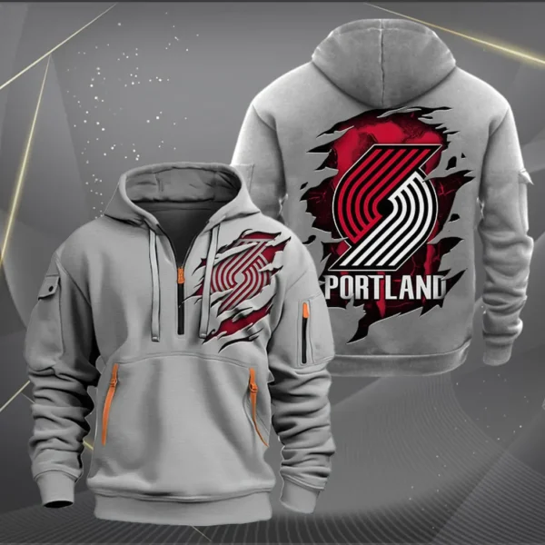 Lightweight Sports Hoodie Half Zipper, Unique Logo Print NBA561 - Grey - Image 2