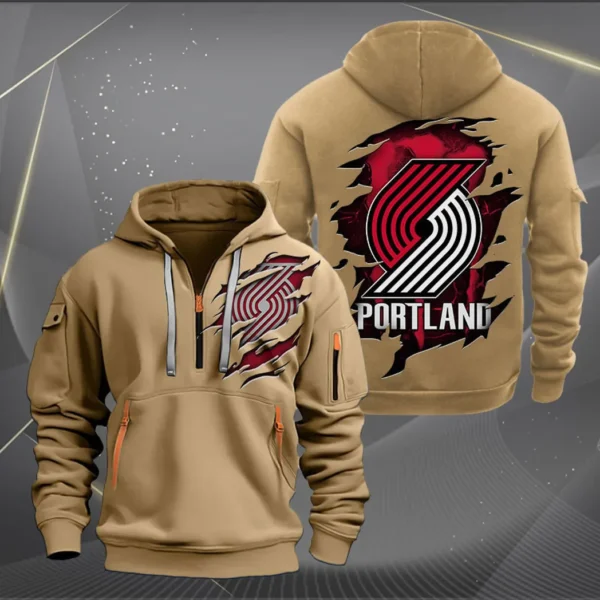 Street-Style Hoodie Half Zipper, Modern Sports Logo NBA561 - Khaki - Image 2