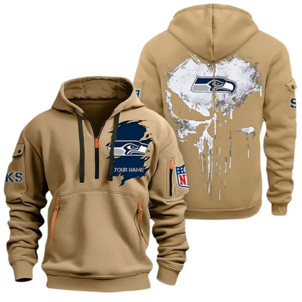 Fan Gift Hoodie Half Zipper, Sports-Inspired Logo Design NFL011 - Khaki
