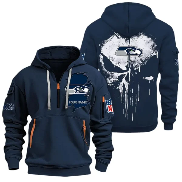 Athletic Half-Zip Hoodie, Team-Style Logo Print Hoodie Gift For Football Fans NFL011 - Navy