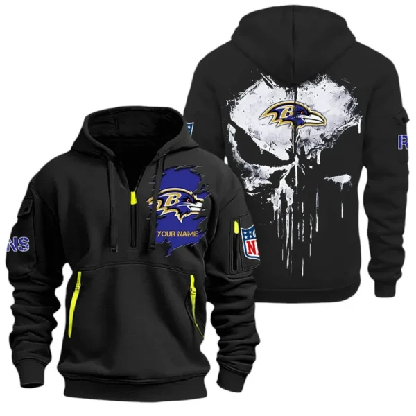 Street-Style Hoodie Half Zipper, Modern Sports Logo NFL011 - Black