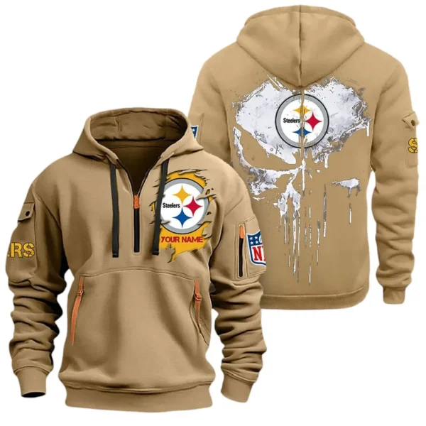 Casual Sports Hoodie Half Zipper, Modern Logo Detail Printing NFL011 - Khaki
