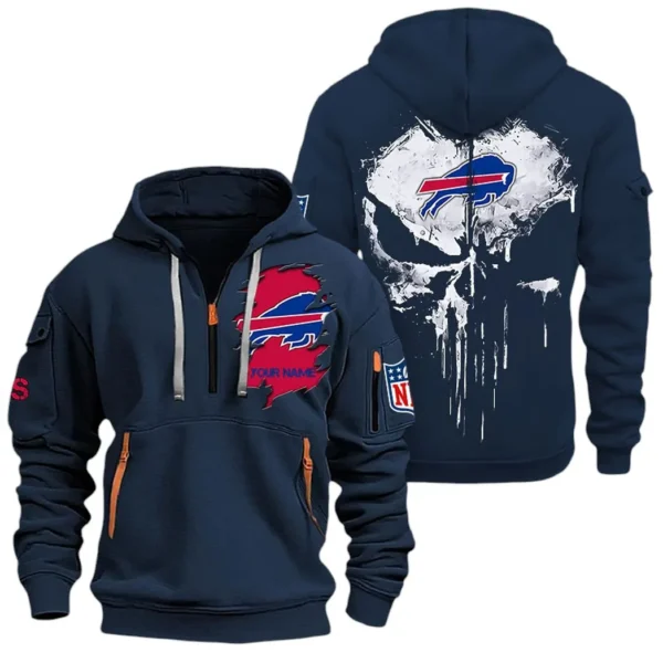 Athletic Half-Zip Hoodie, Team-Style Logo Print Hoodie Gift For Football Fans NFL011 - Navy