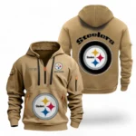 Street-Style Hoodie Half Zipper, Modern Sports Logo NFL041 - Khaki