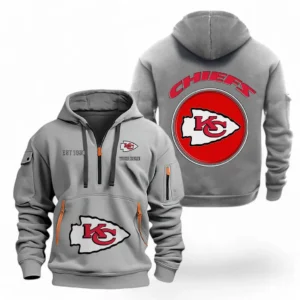 Athletic Half-Zip Hoodie, Team-Style Logo Print Hoodie Gift For Football Fans NFL041 - Gray