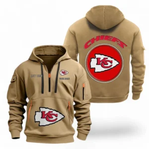 Casual Sports Hoodie Half Zipper, Modern Logo Detail Printing NFL041 - Khaki