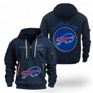 Athletic Half-Zip Hoodie, Team-Style Logo Print Hoodie Gift For Football Fans NFL041 - Navy