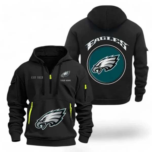 Casual Sports Hoodie Half Zipper, Modern Logo Detail Printing NFL041 - Black