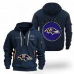 Athletic Half-Zip Hoodie, Team-Style Logo Print Hoodie Gift For Football Fans NFL041 - Navy