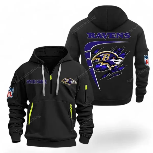 Street-Style Hoodie Half Zipper, Modern Sports Logo NFL061 - Black