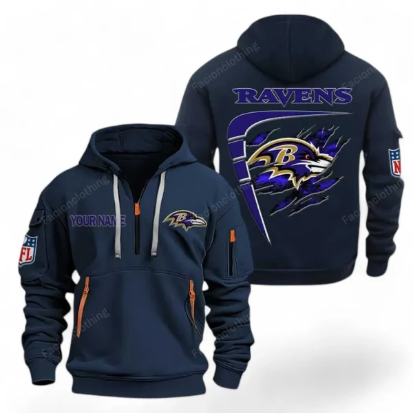 Athletic Half-Zip Hoodie, Team-Style Logo Print Hoodie Gift For Football Fans NFL061 - Navy