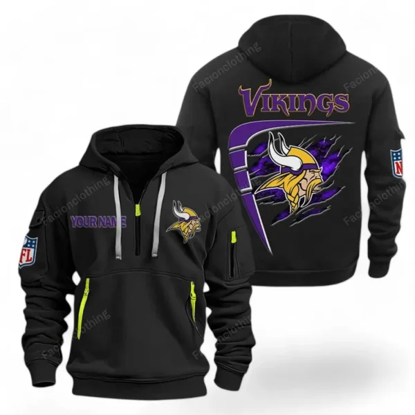 Street-Style Hoodie Half Zipper, Modern Sports Logo NFL061 - Black