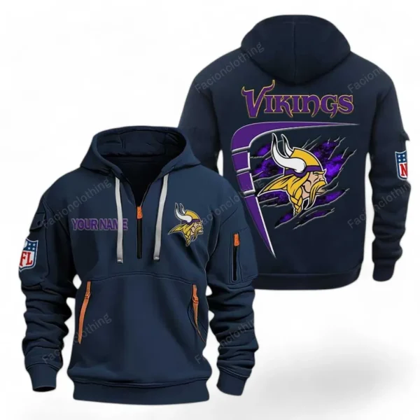 Athletic Half-Zip Hoodie, Team-Style Logo Print Hoodie Gift For Football Fans NFL061 - Navy