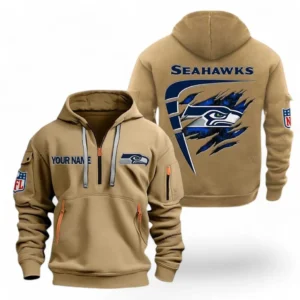 Casual Sports Hoodie Half Zipper, Modern Logo Detail Printing NFL061 - Khaki