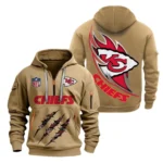 Outdoor Half-Zip Hoodie, Team Spirit Logo Design NFL081 - Khaki