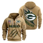 Street-Style Hoodie Half Zipper, Modern Sports Logo NFL081 - Khaki