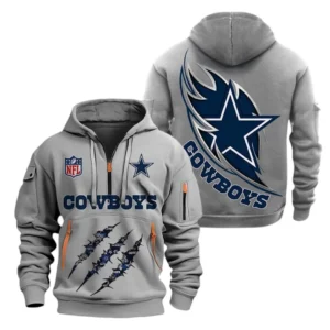Athletic Half-Zip Hoodie, Team-Style Logo Print Hoodie Gift For Football Fans NFL081 - Gray