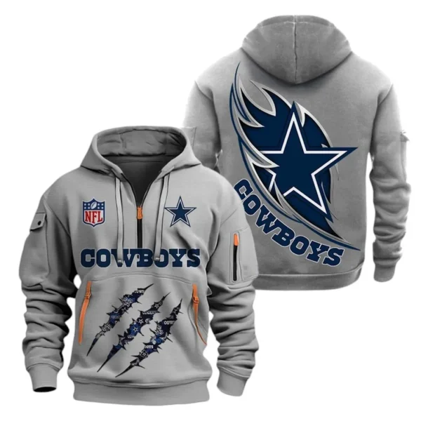 Athletic Half-Zip Hoodie, Team-Style Logo Print Hoodie Gift For Football Fans NFL081 - Gray