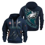 Athletic Half-Zip Hoodie, Team-Style Logo Print Hoodie Gift For Football Fans NFL081 - Navy