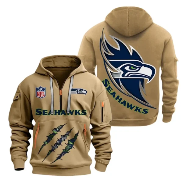 Street-Style Hoodie Half Zipper, Modern Sports Logo NFL081 - Khaki
