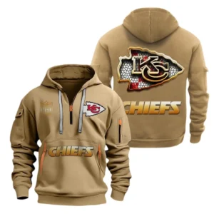 Street-Style Hoodie Half Zipper, Modern Sports Logo NFL091 - Khaki