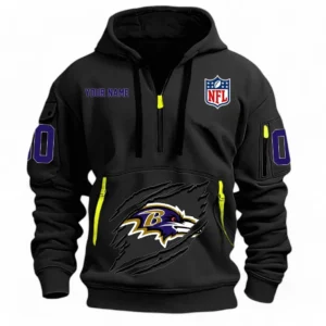 Street-Style Hoodie Half Zipper, Modern Sports Logo NFL121 - Black