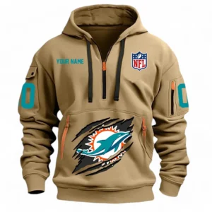 Casual Sports Hoodie Half Zipper, Modern Logo Detail Printing NFL121 - Khaki