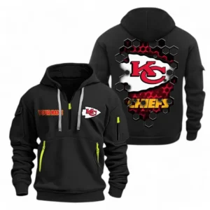 Street-Style Hoodie Half Zipper, Modern Sports Logo NFL241 - Black