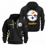 Casual Sports Hoodie Half Zipper, Modern Logo Detail Printing NFL241 - Black
