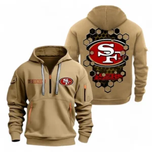 Lightweight Sports Hoodie Half Zipper, Unique Logo Print NFL241 - Khaki
