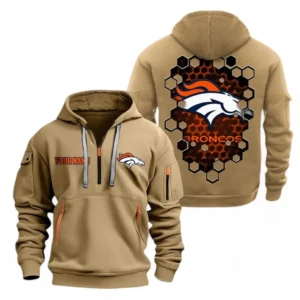 Athletic Half-Zip Hoodie, Team-Style Logo Print Hoodie Gift For Football Fans NFL241 - Khaki