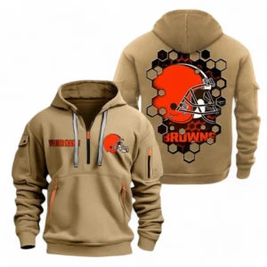 Athletic Half-Zip Hoodie, Team-Style Logo Print Hoodie Gift For Football Fans NFL241 - Khaki