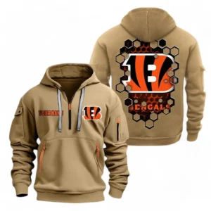 Athletic Half-Zip Hoodie, Team-Style Logo Print Hoodie Gift For Football Fans NFL241 - Khaki