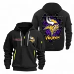 Street-Style Hoodie Half Zipper, Modern Sports Logo NFL241 - Black