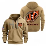 Lightweight Sports Hoodie Half Zipper, Unique Logo Print NFL700 - Khaki